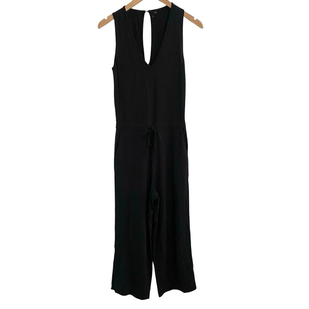 Quince Black French Terry Modal Jumpsuit V Neck Wide Leg Crop Minimalist Size XS